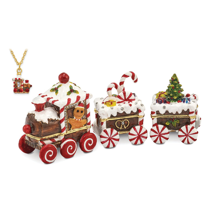 Bejeweled Pewter Multi Color Finish CANDY CANE Train Trinket Box