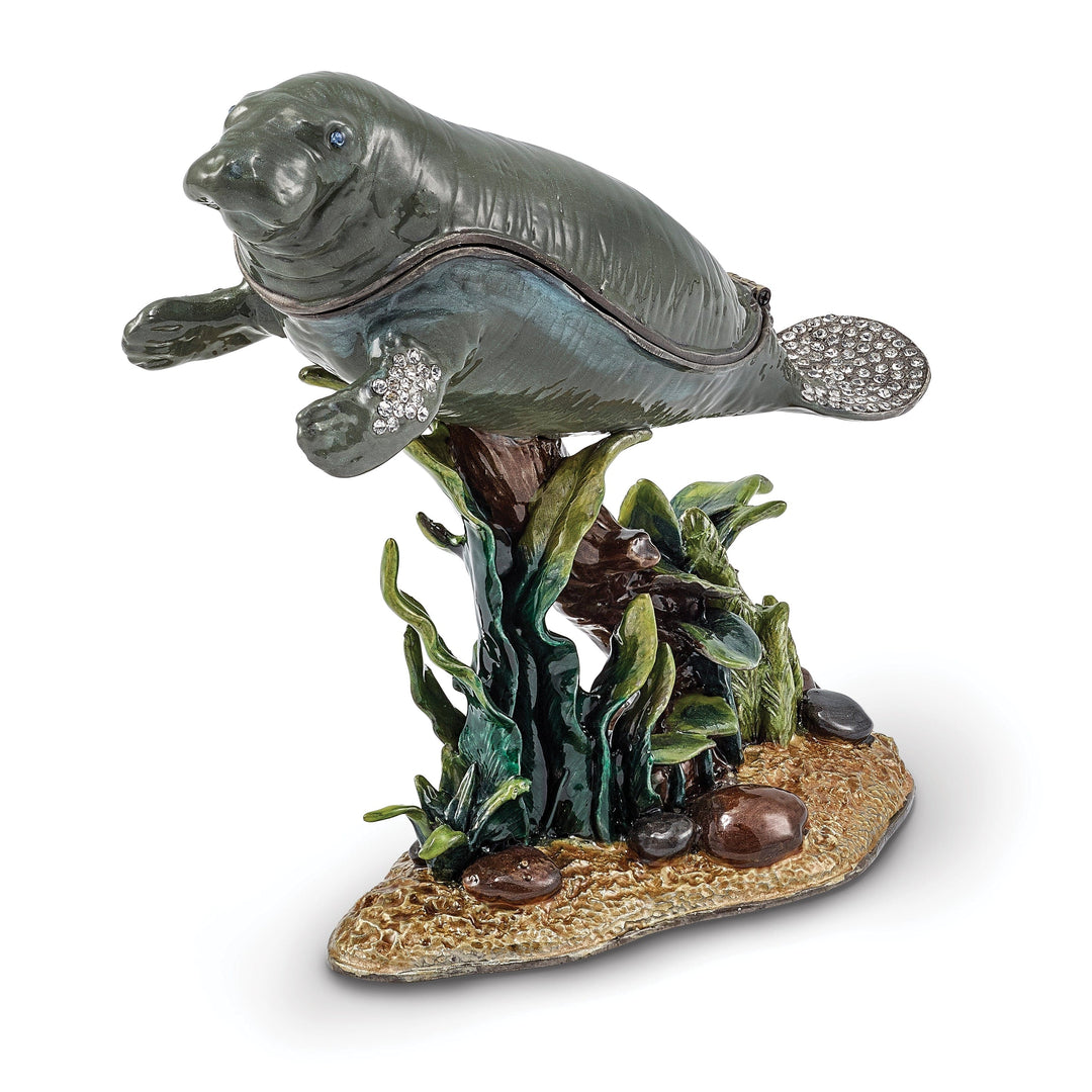 Bejeweled Multi Color Finish MANNY Manatee with Seaweed Trinket Box