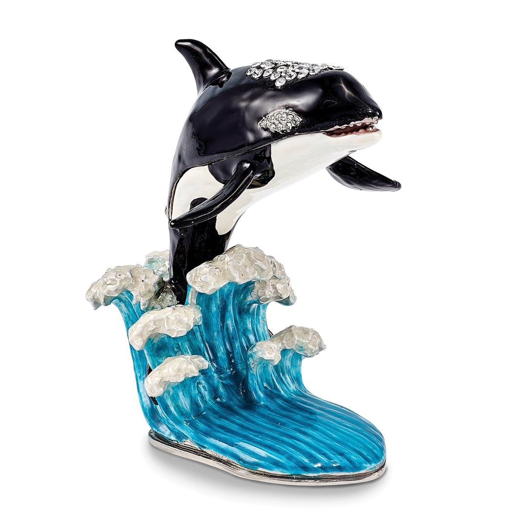 Bejeweled Multi Color Finish OLLIE Orca Whale on Waves Trinket Box