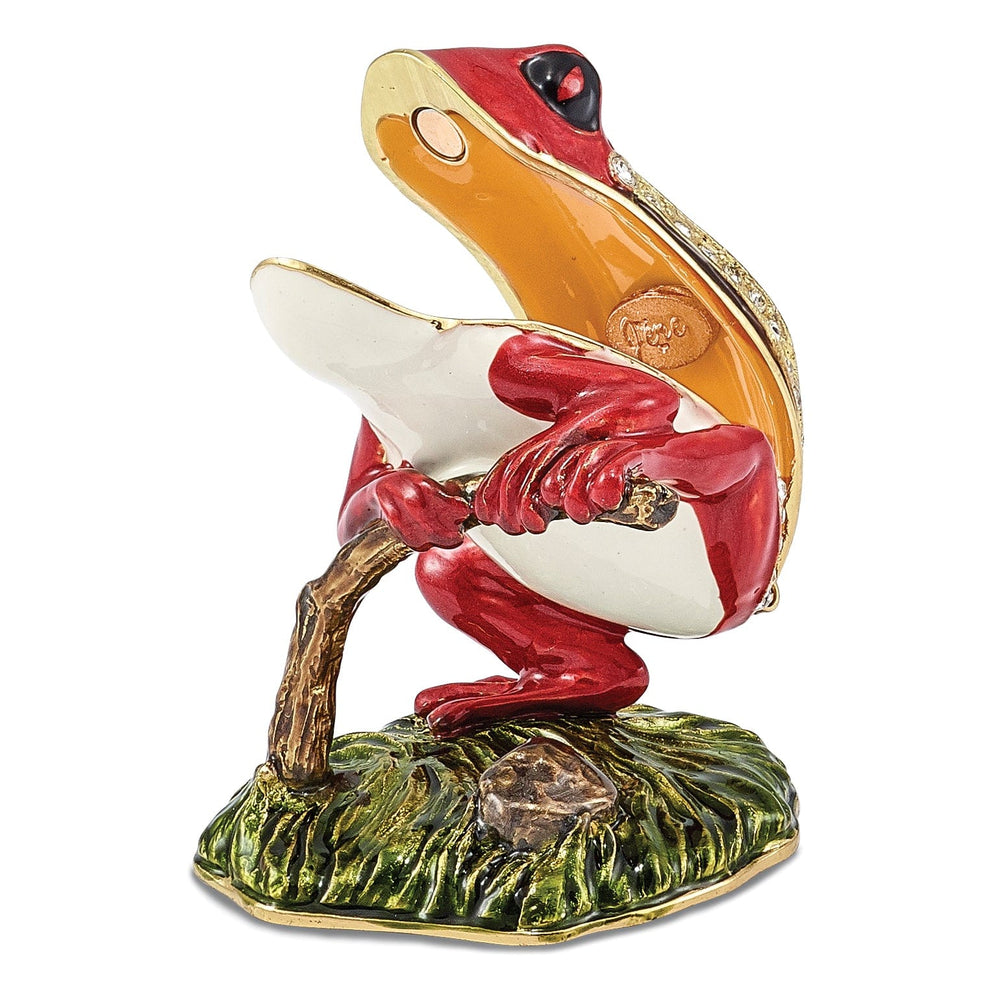 Bejeweled Multi Color Finish RASCAL Red Frog on Branch Trinket Box