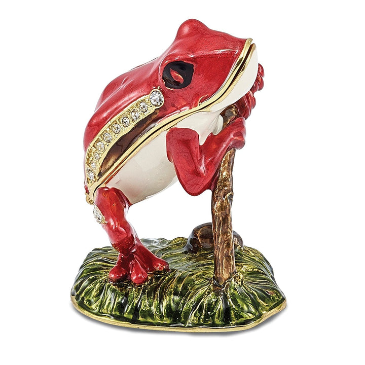 Bejeweled Multi Color Finish RASCAL Red Frog on Branch Trinket Box