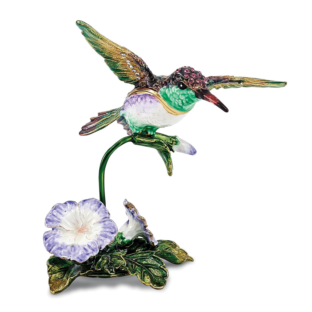 Bejeweled Pewter HUEY Hummingbird & Petunia Trinket Box Design