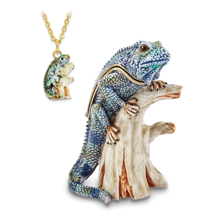 Bejeweled Multi Blue Colors CAYMAN Blue Iguana on Branch Trinket Box