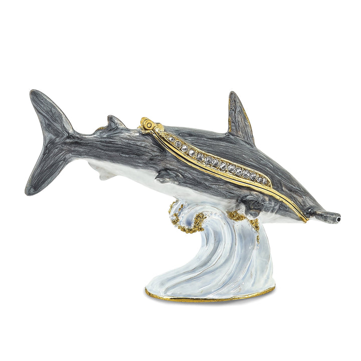 Bejeweled Multi Color Gray Finish CLOBBER Hammerhead Shark Trinket Box