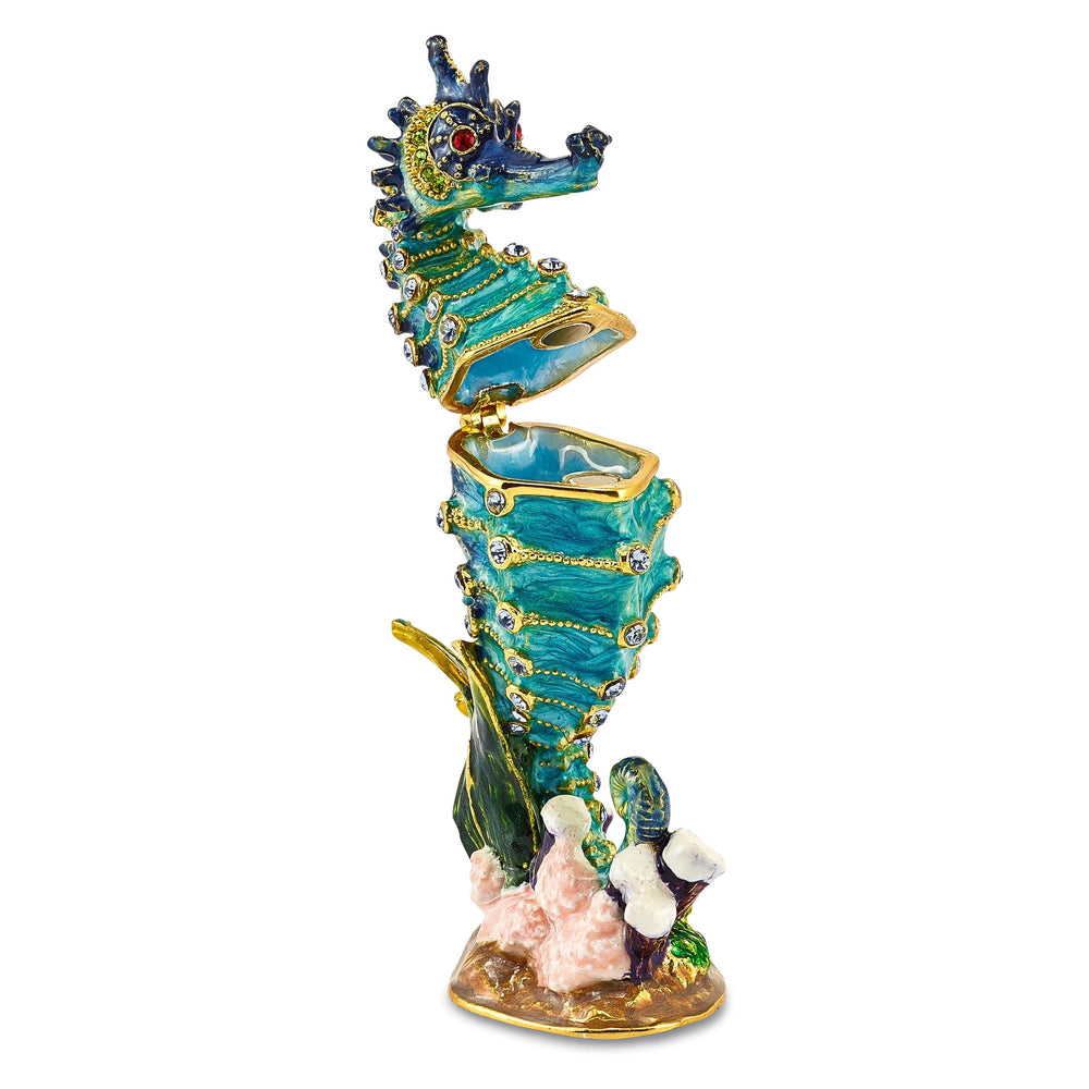 Bejewel Multi Colors of Blue Enamel Finish SIMON Seahorse Trinket Box