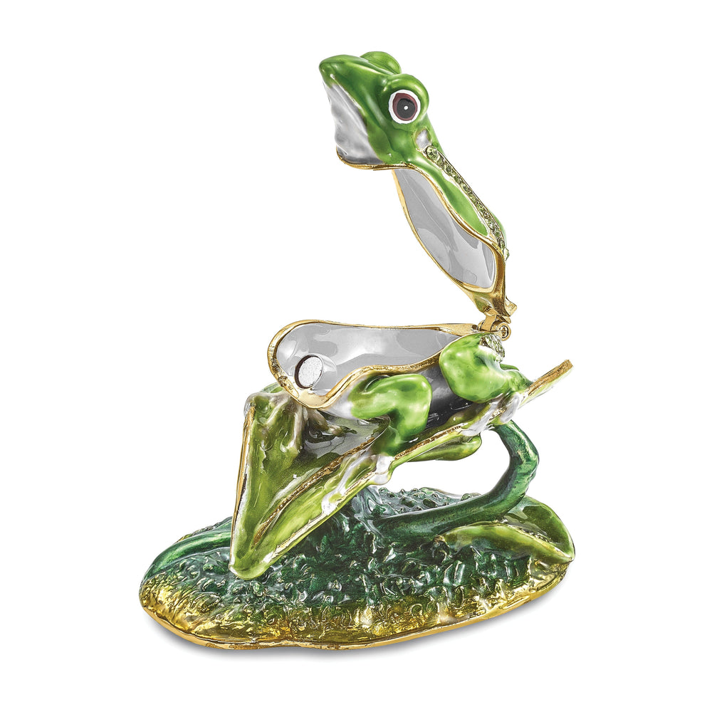 Bejeweled Green Silver Color Finish LILLY Frog on Lily Pad Trinket Box