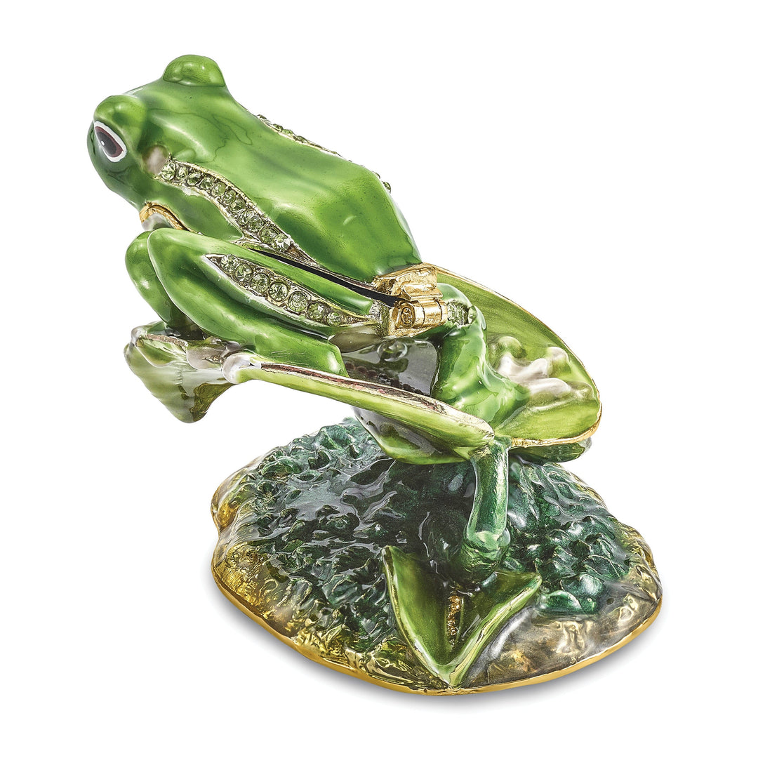 Bejeweled Green Silver Color Finish LILLY Frog on Lily Pad Trinket Box