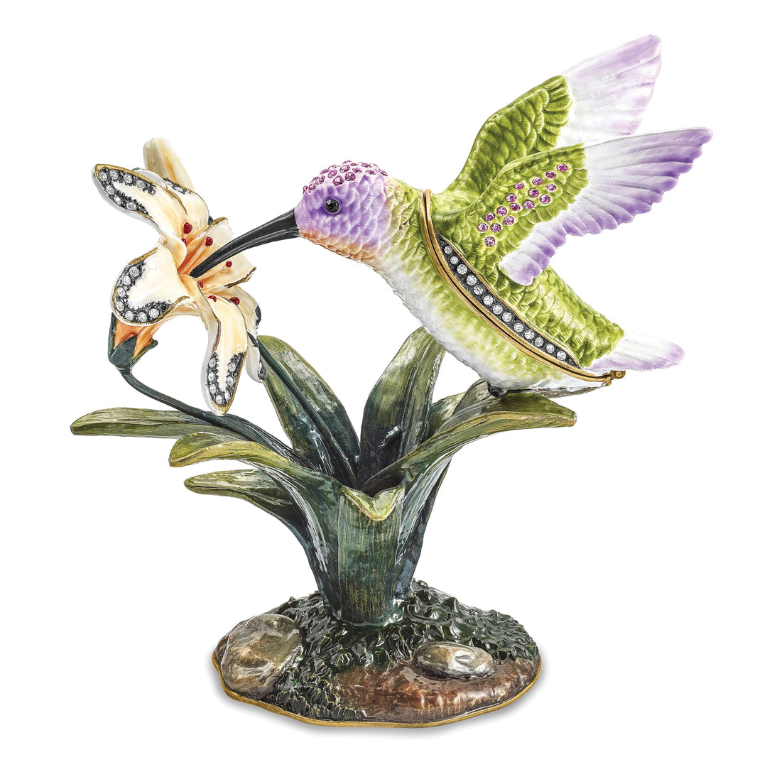 Bejeweled Pewter VIOLA Hummingbird & Daylily Trinket Box Design