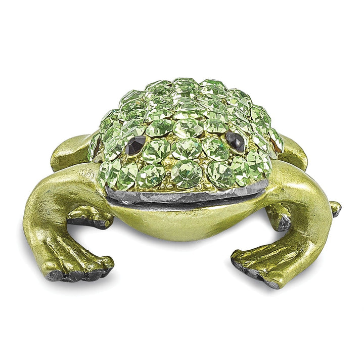 Bejeweled Green Black Silver Tone Color HOPPER Green Frog Trinket Box
