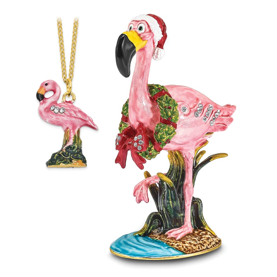 Bejeweled Pewter Multi Color Finish LEFTY Holiday Flamingo Trinket Box