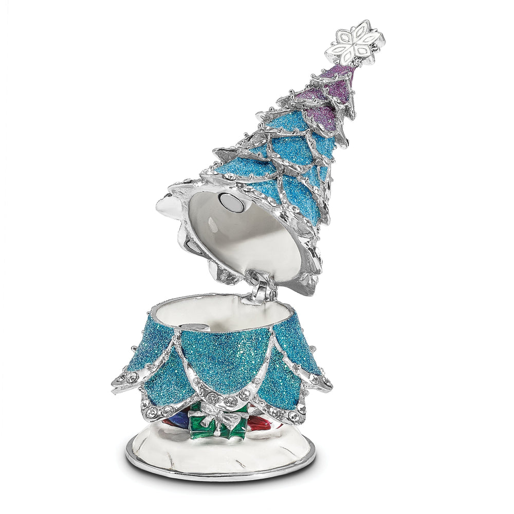 Bejeweled Pewter Multi Color ARCTIC BLUE Christmas Tree Trinket Box