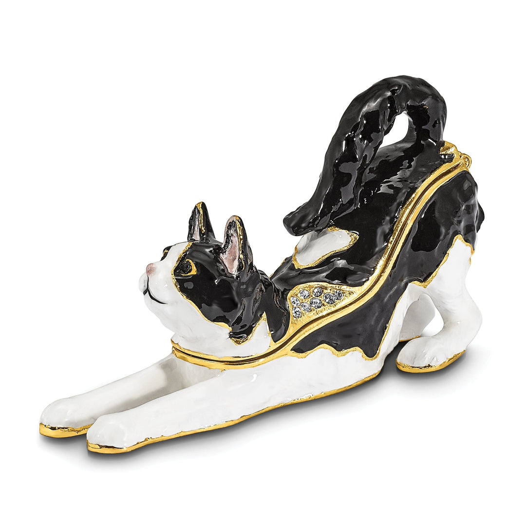 Bejeweled Multi Color SLEEPY Stretching Black White Cat Trinket Box