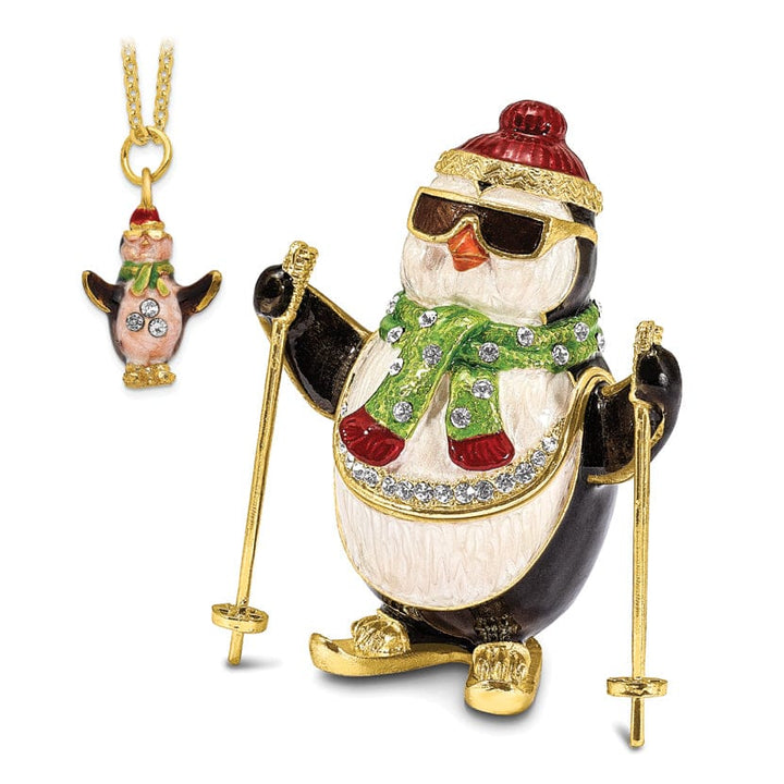 Bejeweled Pewter Multi Color Finish KOOLIO Skiing Penguin Trinket Box