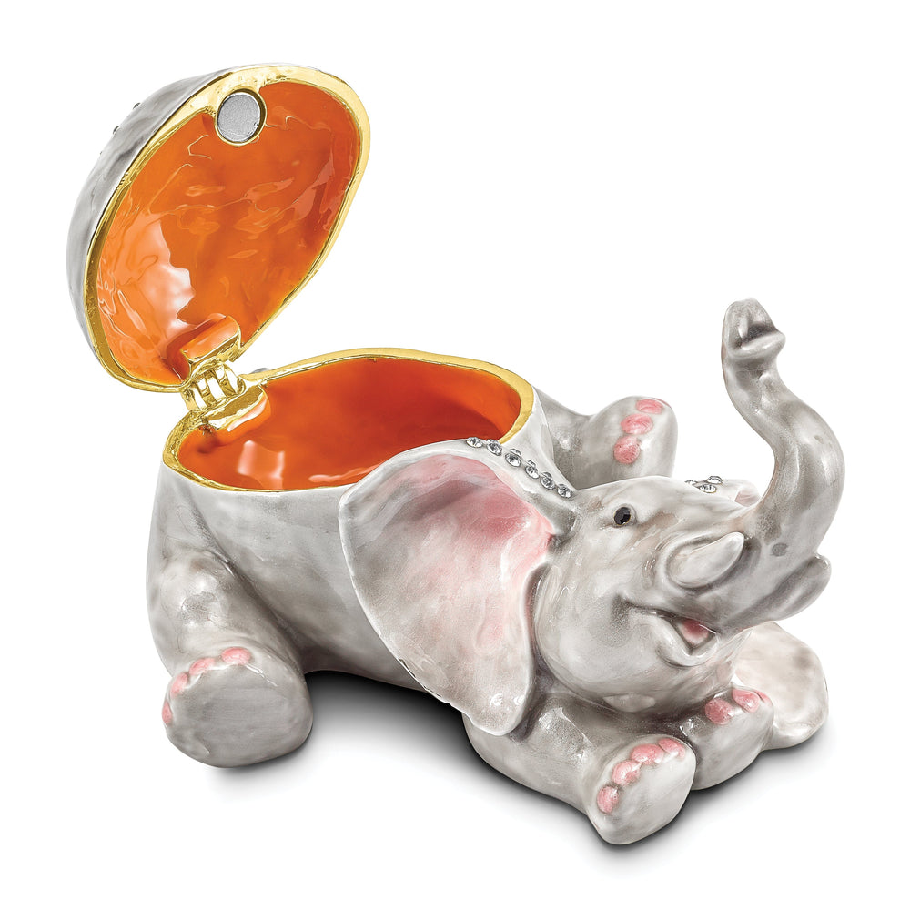 Bejeweled Pewter Multi Color Enamel Falling Baby Elephant Trinket Box