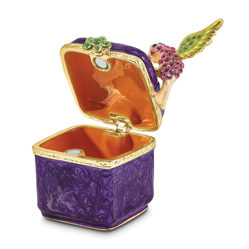 Bejeweled Pewter Purple Box/Flower/Hummingbird Trinket Box Design