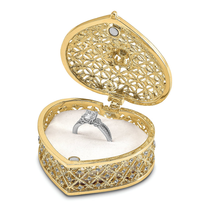 Bejeweled Pewter Finish ROMANCE Filigree Heart Ring Pad Trinket Box