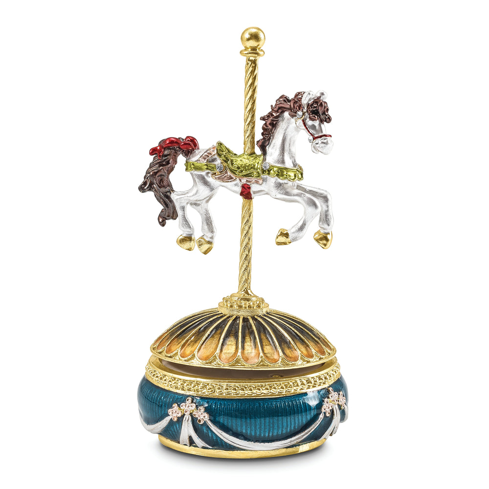 Bejeweled Pewter Multi Color Finish Carousel Horse Musical Figurine