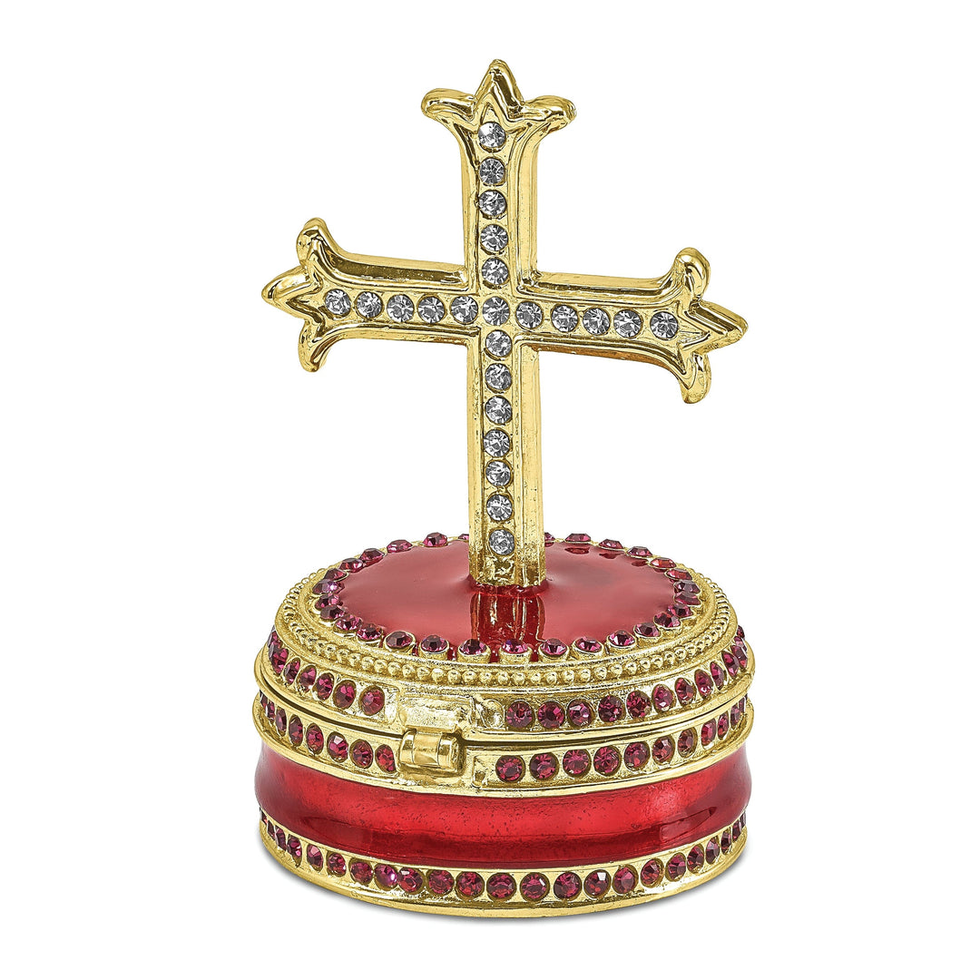 Bejewel Pewter Multi Color Finish REVERENCE Cross on Round Trinket Box