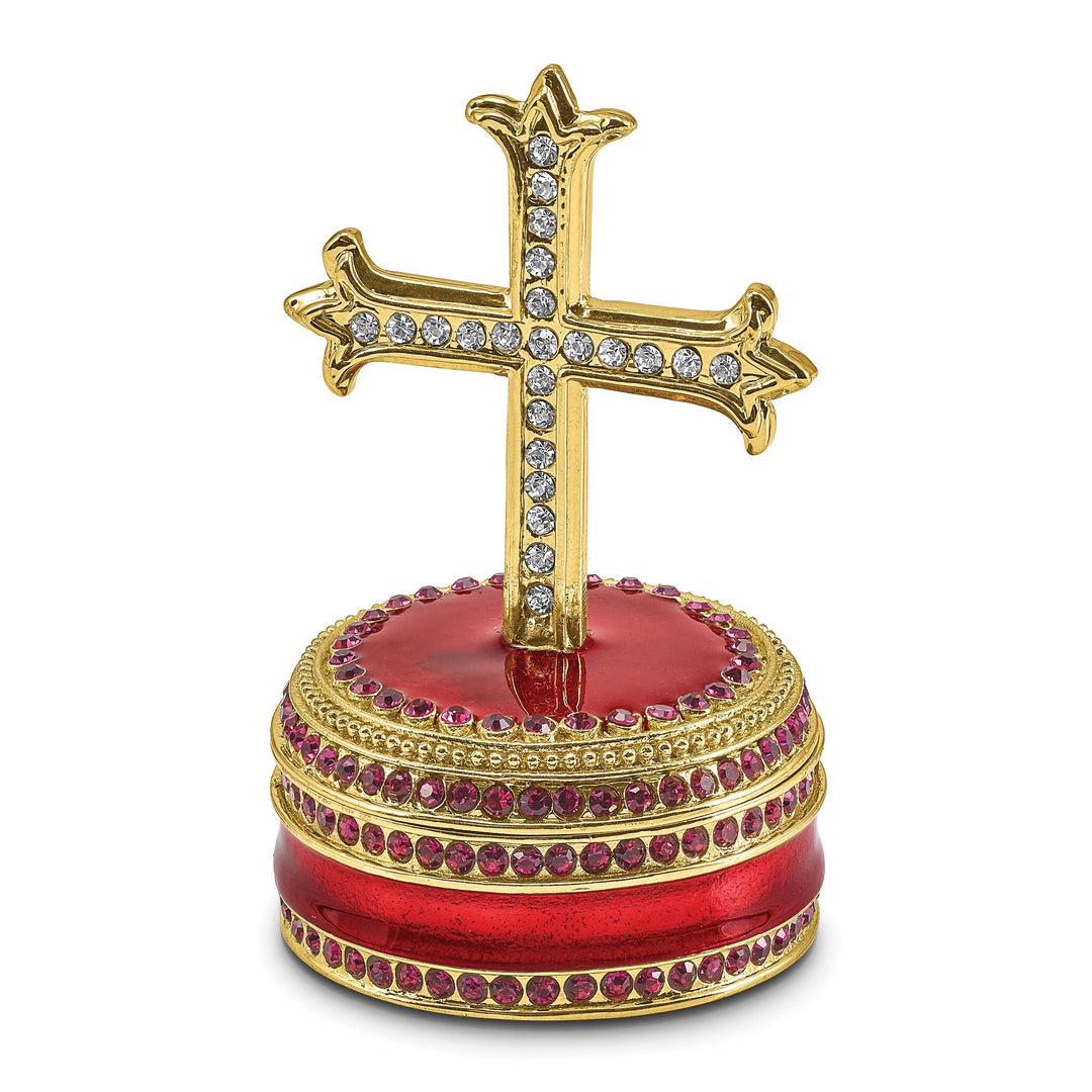Bejewel Pewter Multi Color Finish REVERENCE Cross on Round Trinket Box