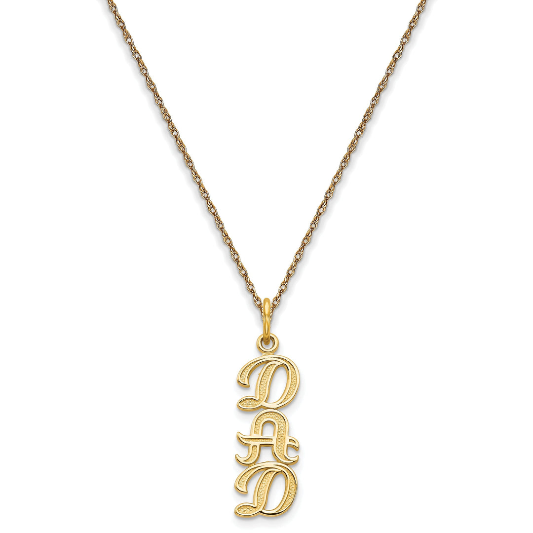 14k Yellow Gold Polished Textured Finish Dad Vertical Shape Charm Pendant with 18-inch Rope Necklace Chain