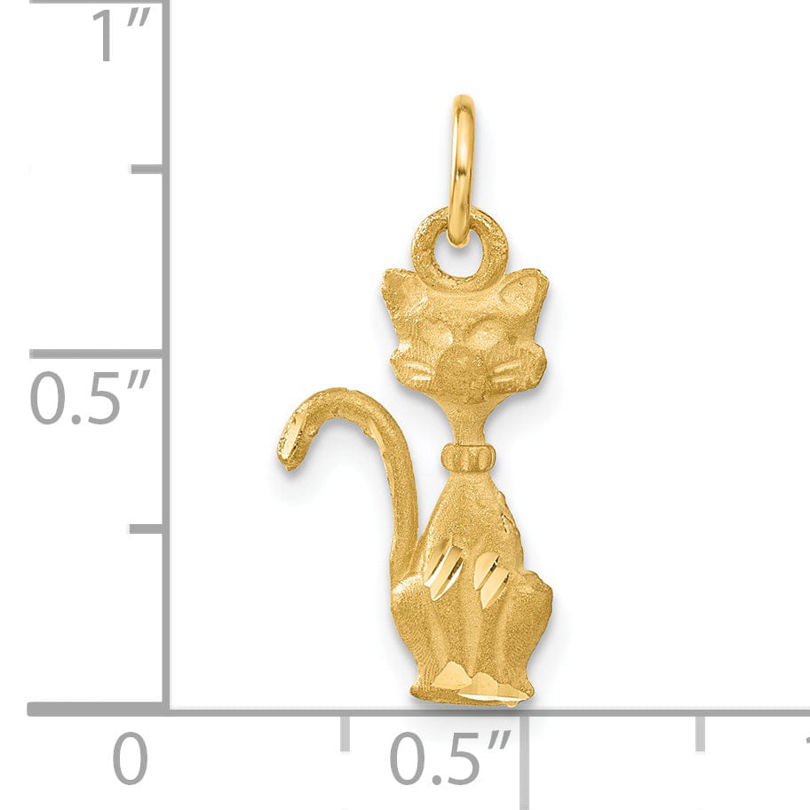 14k Yellow Gold Satin Diamond Cut Finish Tom Cat Sitting Design Charm Pendant