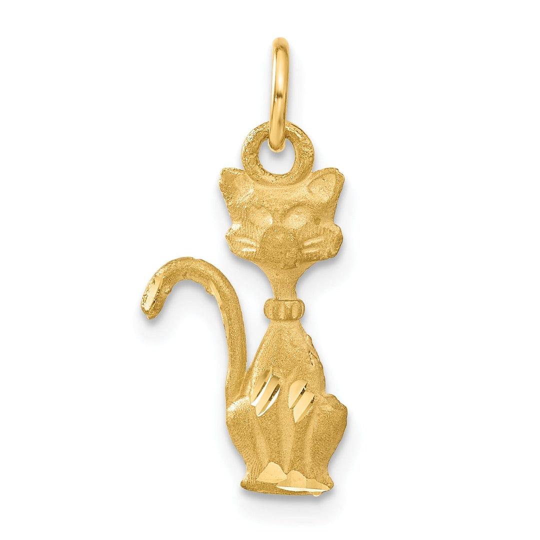 14k Yellow Gold Satin Diamond Cut Finish Tom Cat Sitting Design Charm Pendant