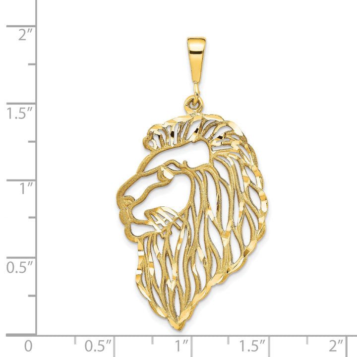 14k Yellow Gold Satin Diamont Cut Finish Filigree Lion Head Design Charm Pendant