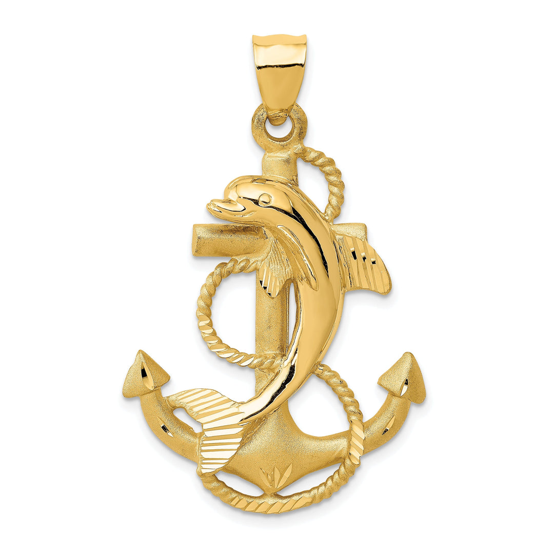 14k Yellow Gold Solid Satin Diamond Cut Polished Finish Dolphin on Anchor Design Charm Pendant