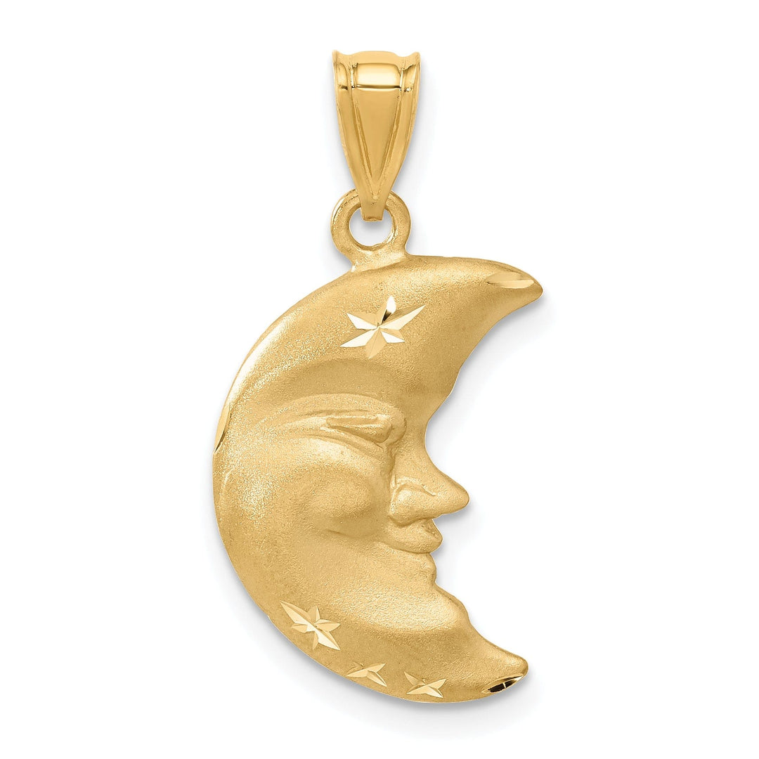 14k Yellow Gold Solid Satin Diamond Cut Finish Concave Shape Moon with Face Design Charm Pendant