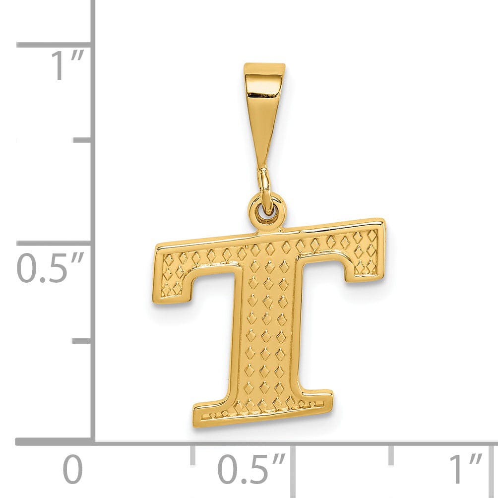 14k Yellow Gold Polished Texture Finish Letter T Initial Charm Pendant