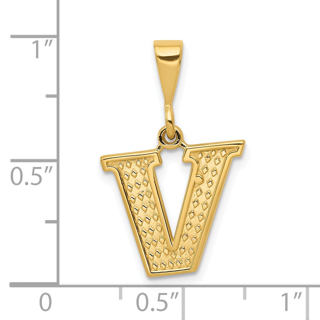 14k Yellow Gold Polished Texture Finish Letter V Initial Charm Pendant