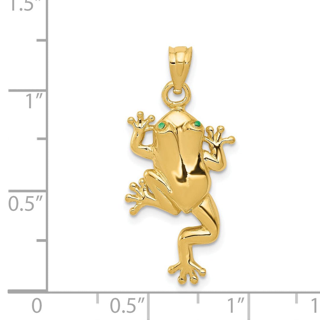 14k Yellow Gold Solid Polished Finish Frog With Green Enameled Eyes Charm Pendant