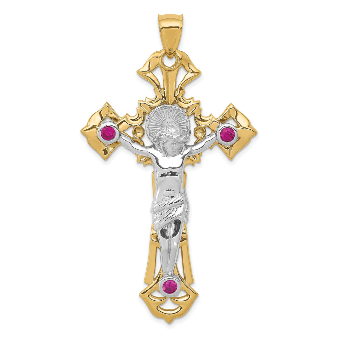 14k Two-tone Gold Polished with Red C.Z Crucifix