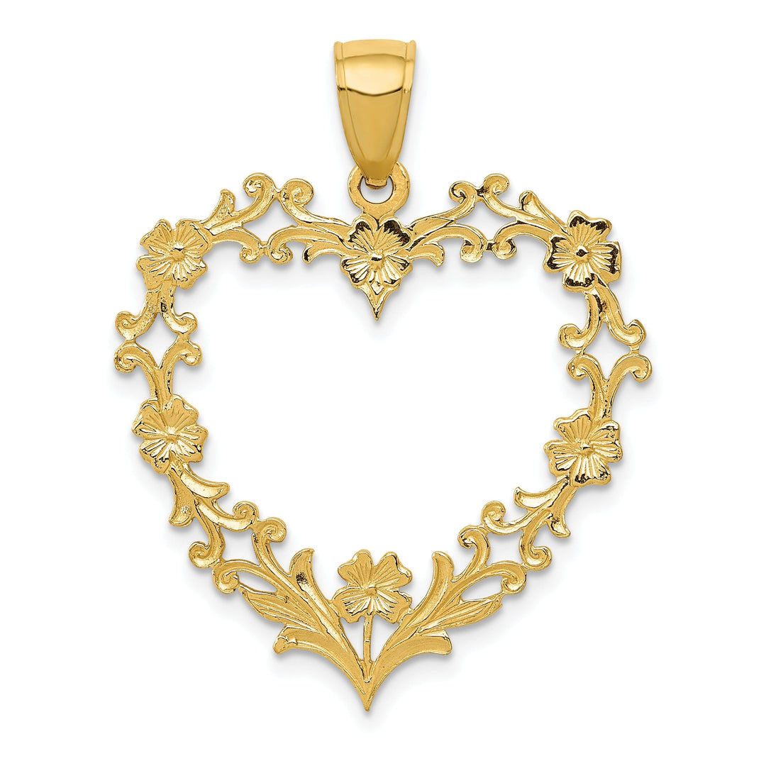14k Yellow Gold Large Floral Heart Pendant