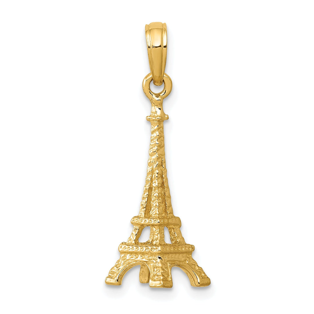 14k Yellow Gold Texture Polished Finished Solid 3-Dimensional Eiffel Tower Charm Pendant