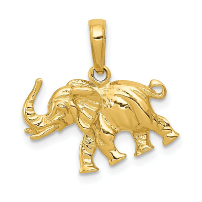 14k Yellow Gold Solid Polished Finish 3-Dimensional Elephant Charm Pendant