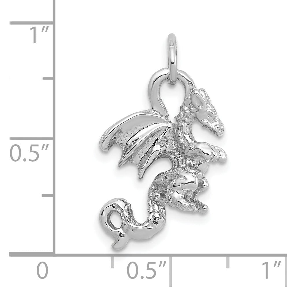 14k White Gold Solid Polished Textured Finish 3-Dimensional Dragon Design Charm Pendant
