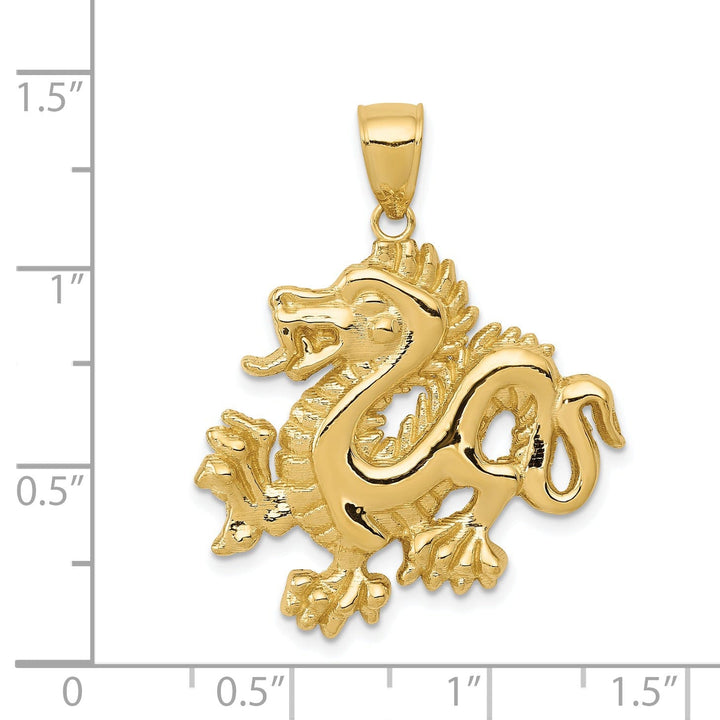 14k Yellow Gold Solid Polished Textured Finish Dragon Design Charm Pendant
