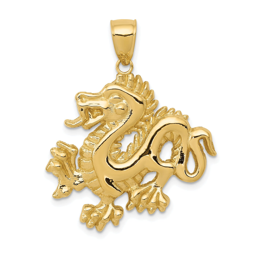 14k Yellow Gold Solid Polished Textured Finish Dragon Design Charm Pendant
