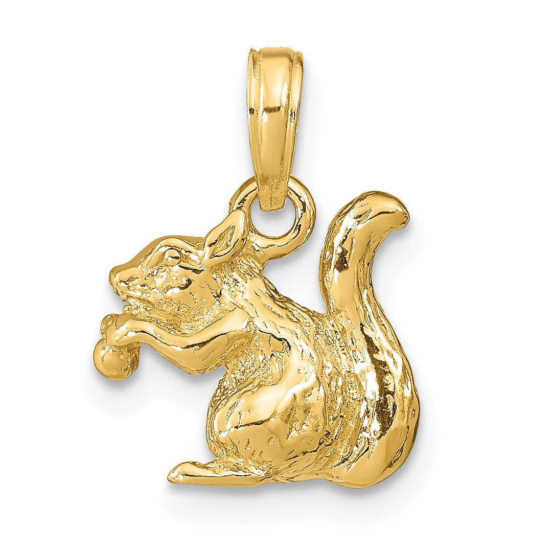 14k Yellow Gold Textured Polished Finish Solid 3-Dimentional Squirrel with Nut Charm Pendant