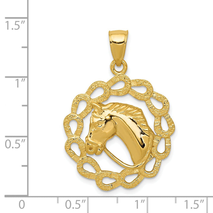 14k Yellow Gold Open Back Solid Textured Polished Finish Horse Head with Horeshoe Design Charm Pendant