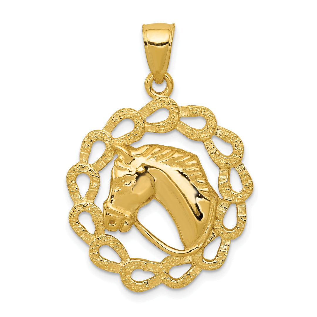 14k Yellow Gold Open Back Solid Textured Polished Finish Horse Head with Horeshoe Design Charm Pendant