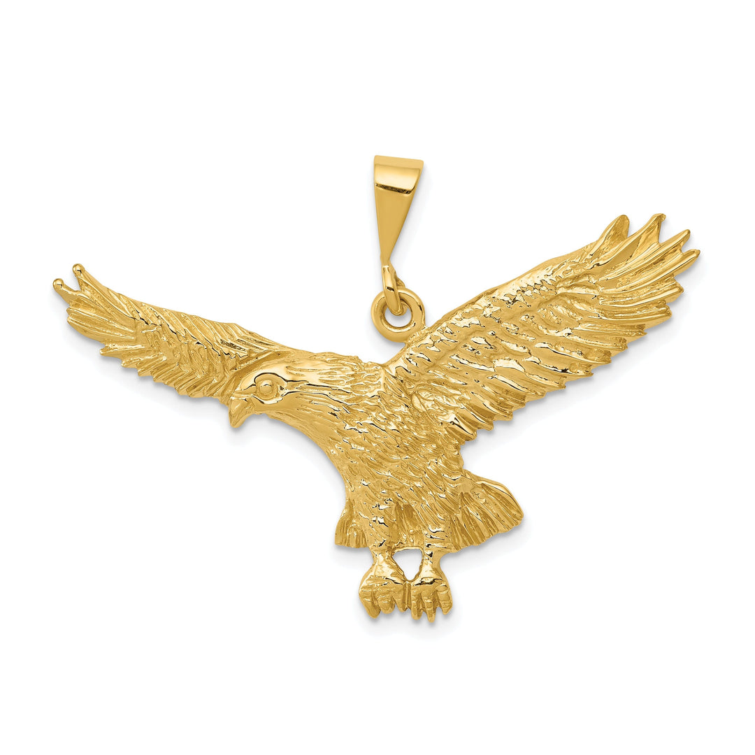 14k Yellow Gold Diamond Cut Solid Texture Polished Finish Mens Eagle Pendant