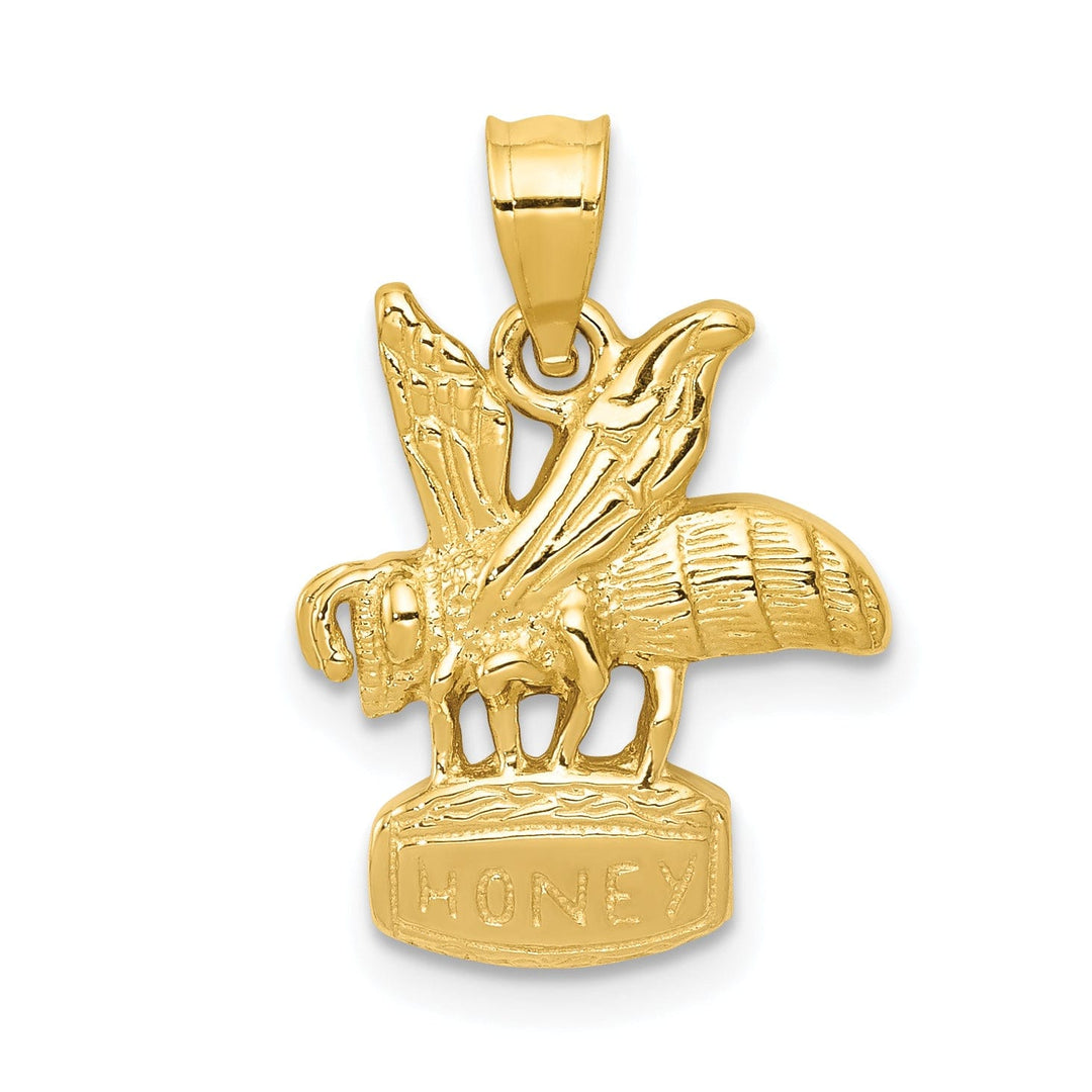 14k Yellow Gold Open Back Textured Polished Finish Solid Bee on HONEY Jar Design Charm Pendant