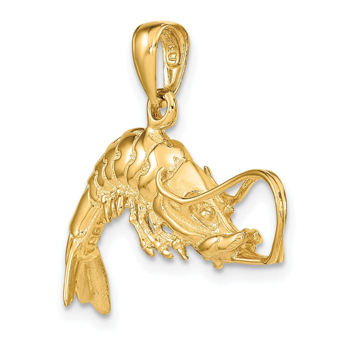 14K Yellow Gold Polished Finish Solid 3-Dimensional Shrimp Charm Pendant