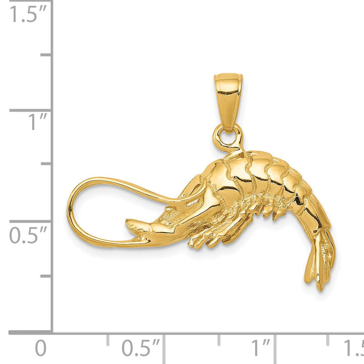 14K Yellow Gold Polished Finish Solid 3-Dimensional Shrimp Charm Pendant