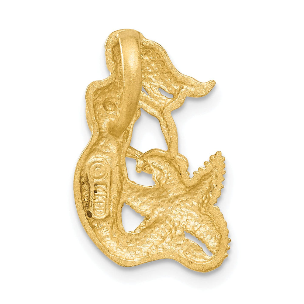 14k Yellow Gold Satin Diamond Cut Finish Open-Backed Mermaid With Star Fish Design Charm Pendant