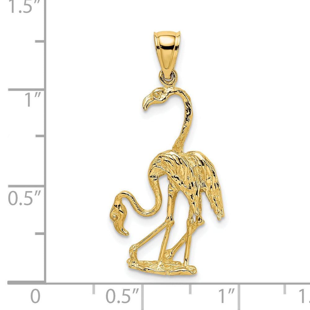 14k Yellow Gold Textured Polished Finish 3-Dimensional Double Flamingo Bird Charm Pendant