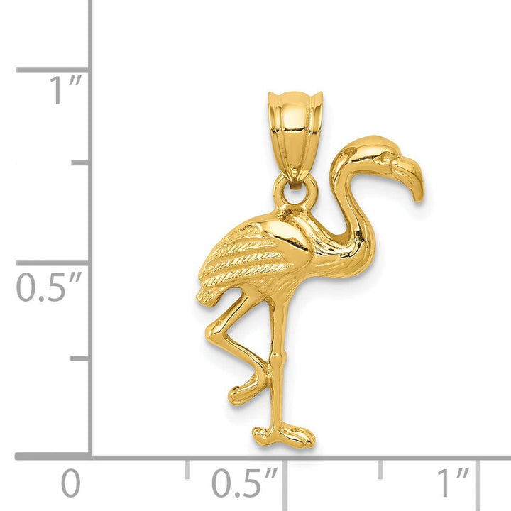 14k Yellow Gold Solid Polished Texture Finish Open-Backed Flamingo On one Leg CharmPendant