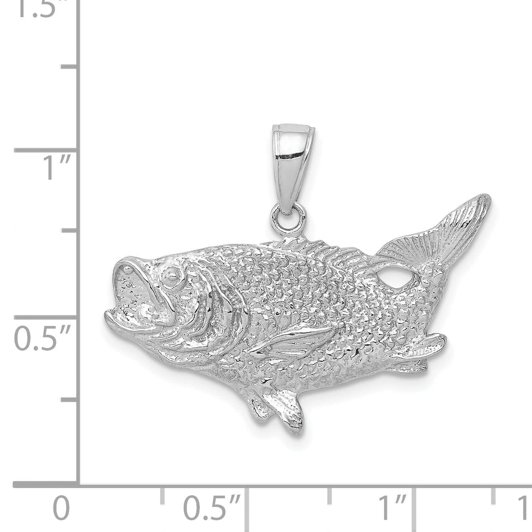 14k White Gold Solid Polished Textured Finish Open Back Bass Fish Charm Pendant